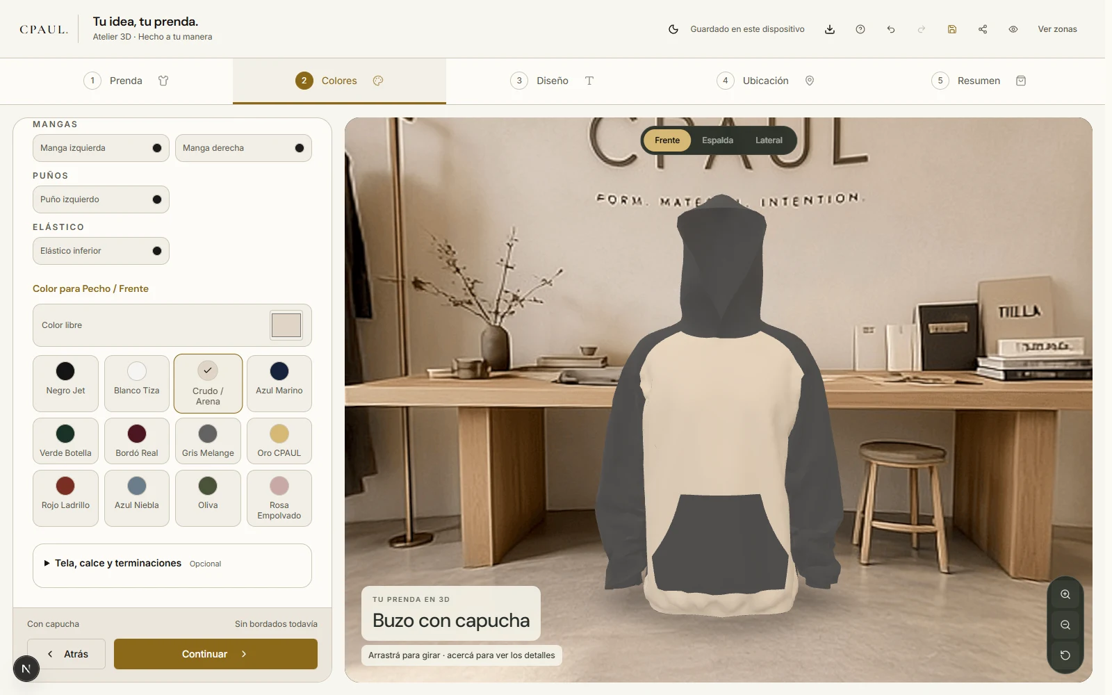 Interfaz real del Atelier de CPAUL, con una prenda tridimensional y controles de personalización.