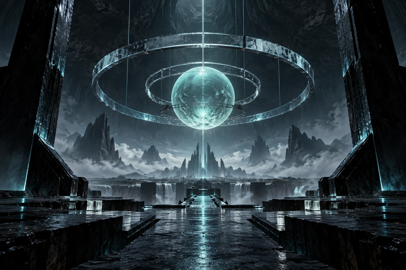 Observatorio futurista entre estructuras oscuras, anillos de cristal y una esfera luminosa sobre montañas lejanas.