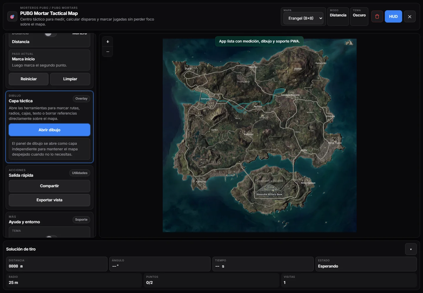 Interfaz real de Tactical Map con mapa interactivo de PUBG y herramientas de medición.
