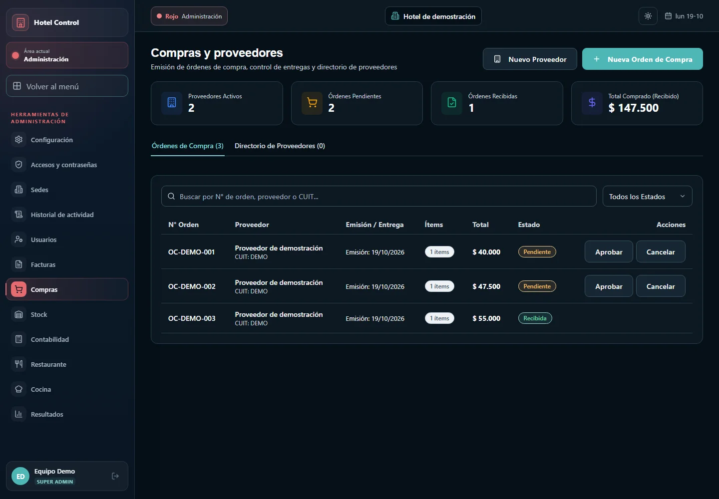 Administración: compras y proveedores, interfaz de Vigía con datos de demostración.