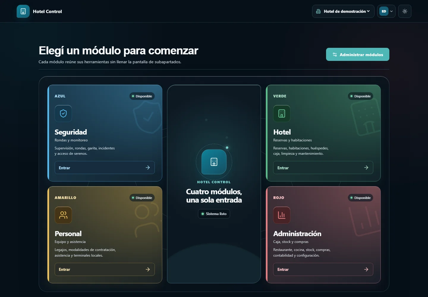 Selector real de los cuatro módulos de Vigía: Seguridad, Personal, Hotel y Administración.